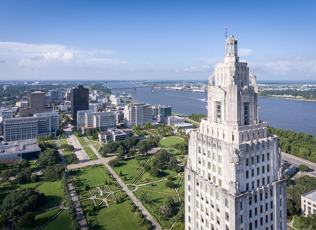 Baton Rouge, LA - Aerial View of Skyscrapers and Parks in Downtown Baton Rouge Louisiana on a Beautiful Sunny Day